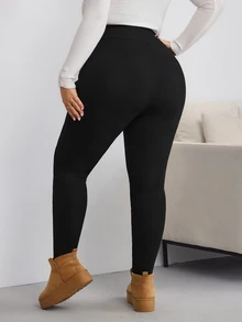 SHEIN CURVE+ Plus Size Thickened Black Fleece Lined Leggings, Suitable For Winter - Black - View 3