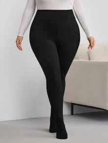SHEIN CURVE+ Plus Size Thickened Black Fleece Lined Leggings, Suitable For Winter - Black - View 5