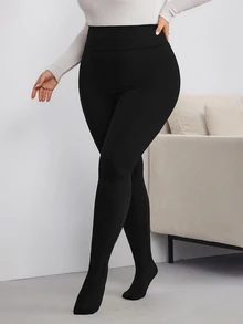 SHEIN CURVE+ Plus Size Thickened Black Fleece Lined Leggings, Suitable For Winter - Black - View 6