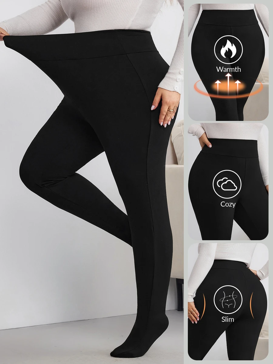 SHEIN CURVE+ Plus Size Thickened Black Fleece Lined Leggings, Suitable For Winter
