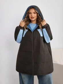 SHEIN CURVE+ Women's Plus Size Long Hooded Padded Quilted Jacket, Autumn/Winter - Brown - View 7