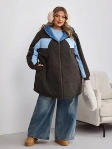SHEIN CURVE+ Women's Plus Size Long Hooded Padded Quilted Jacket, Autumn/Winter - Brown - View 6