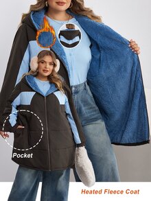 SHEIN CURVE+ Women's Plus Size Long Hooded Padded Quilted Jacket, Autumn/Winter - Brown - View 1