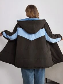 SHEIN CURVE+ Women's Plus Size Long Hooded Padded Quilted Jacket, Autumn/Winter - Brown - View 2