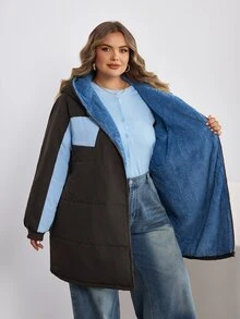SHEIN CURVE+ Women's Plus Size Long Hooded Padded Quilted Jacket, Autumn/Winter - Brown - View 9