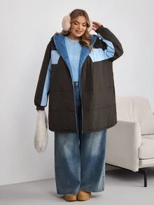 SHEIN CURVE+ Women's Plus Size Long Hooded Padded Quilted Jacket, Autumn/Winter - Brown - View 8