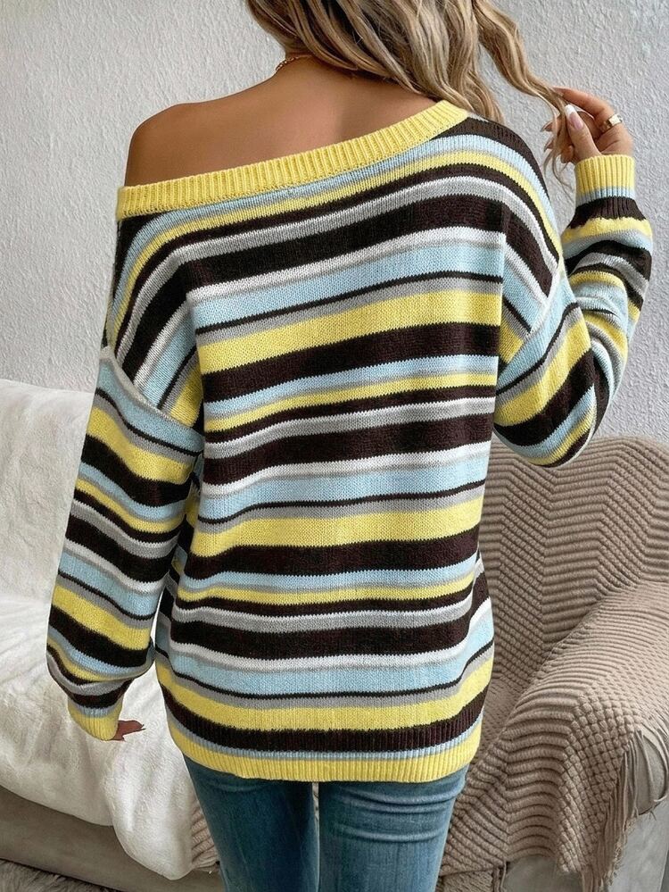 SHEIN LUNE Women's Brown Striped And Striped Cold Shoulder Casual Retro Vintage 70s Sweater, Suitable For Back To School Season, Autumn/Winter Brunch School - Multicolor - View 2