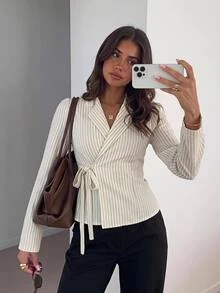 Siren Gaze Autumn/Winter New Turn-Down Collar Tie Waist Commuter Shirt - Apricot - View 9