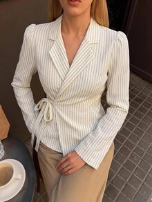 Siren Gaze Autumn/Winter New Turn-Down Collar Tie Waist Commuter Shirt - Apricot - View 8