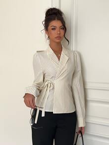 Siren Gaze Autumn/Winter New Turn-Down Collar Tie Waist Commuter Shirt - Apricot - View 5