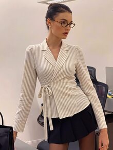 Siren Gaze Autumn/Winter New Turn-Down Collar Tie Waist Commuter Shirt - Apricot - View 7