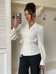 Siren Gaze Autumn/Winter New Turn-Down Collar Tie Waist Commuter Shirt - Apricot - View 4