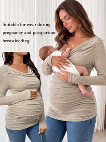 Slowluna Maternity Solid Color Scoop Neck Long Sleeve Slim Fit Versatile T-Shirt - Khaki - View 1