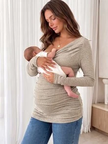 Slowluna Maternity Solid Color Scoop Neck Long Sleeve Slim Fit Versatile T-Shirt - Khaki - View 10