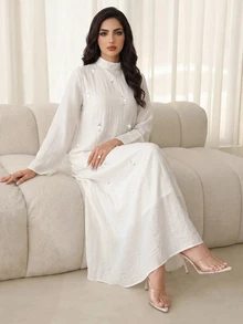 Al Najma Women's Faux Pearl & Rhinestone Decorated Casual Party Arabian Dress - Apricot - View 7