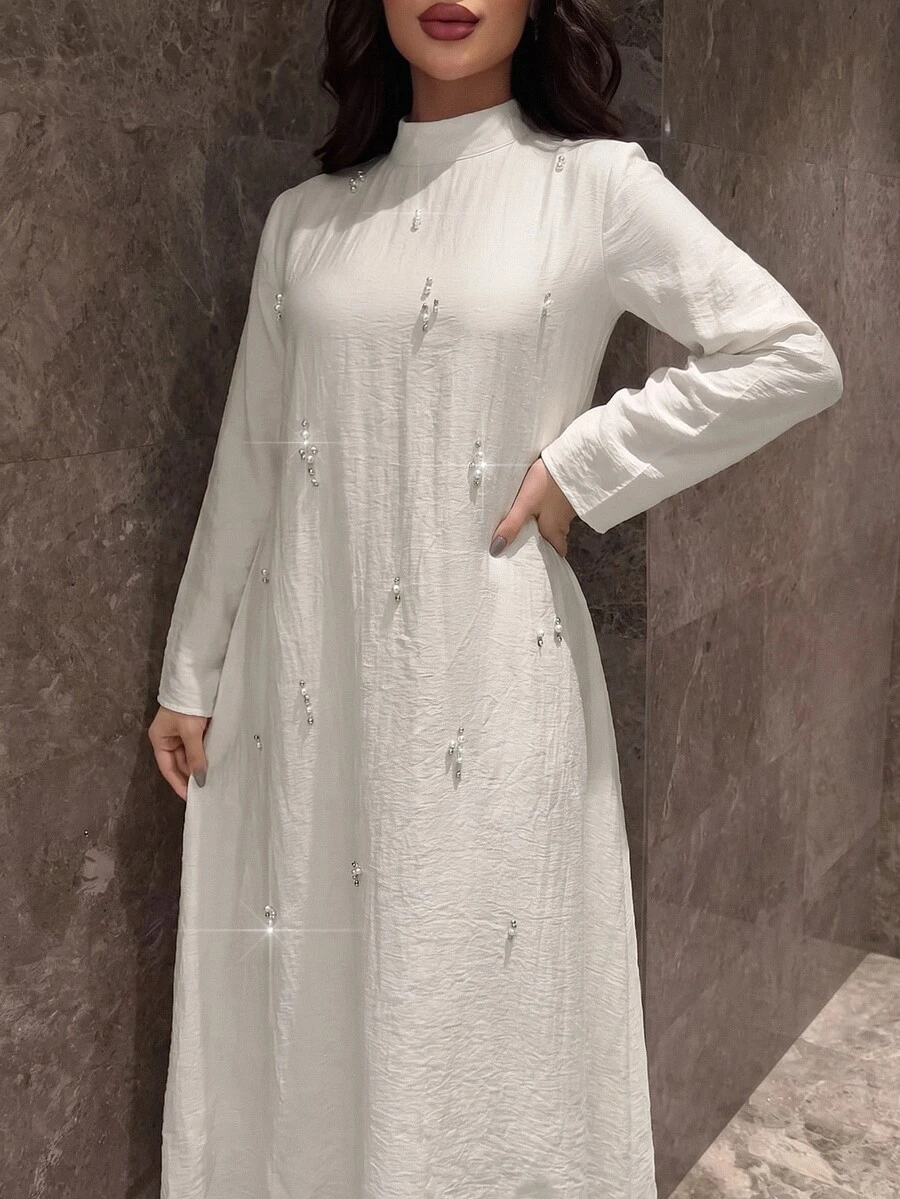 Al Najma Women's Faux Pearl & Rhinestone Decorated Casual Party Arabian Dress - Apricot - View 1