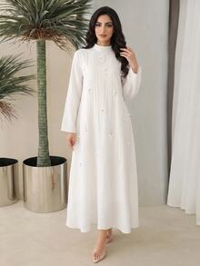 Al Najma Women's Faux Pearl & Rhinestone Decorated Casual Party Arabian Dress - Apricot - View 6