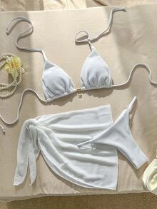 Costavie 女款比基尼 3 件式優雅泳裝 純白色特殊面料 金屬星星裝飾 性感比基尼套裝與洋裝 派對婚禮適用 女款泳裝 - 白色 - 查看 3