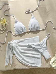Costavie 女款比基尼 3 件式優雅泳裝 純白色特殊面料 金屬星星裝飾 性感比基尼套裝與洋裝 派對婚禮適用 女款泳裝 - 白色 - 查看 2