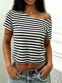 Rovax Women's Casual Striped Asymmetric Neck Short Sleeve Top, Versatile For Daily Wear - Black - View 1