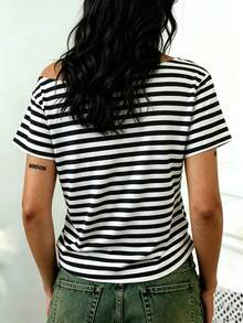 Rovax Women's Casual Striped Asymmetric Neck Short Sleeve Top, Versatile For Daily Wear - Black - View 2