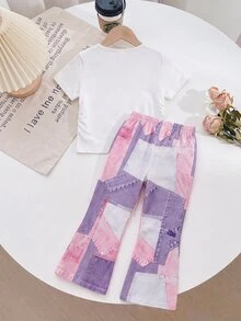 SHEIN 2件組女童幼兒T恤與長褲套裝，玫瑰紅圓領短袖花卉印花收腰向日葵定位印花仿牛仔印花效果長褲 - 彩色 - 查看 8