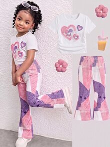 SHEIN 2件組女童幼兒T恤與長褲套裝，玫瑰紅圓領短袖花卉印花收腰向日葵定位印花仿牛仔印花效果長褲 - 彩色 - 查看 3
