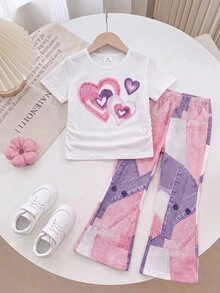 SHEIN 2件組女童幼兒T恤與長褲套裝，玫瑰紅圓領短袖花卉印花收腰向日葵定位印花仿牛仔印花效果長褲 - 彩色 - 查看 7