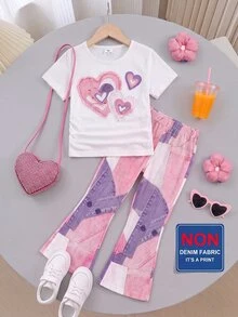 SHEIN 2件組女童幼兒T恤與長褲套裝，玫瑰紅圓領短袖花卉印花收腰向日葵定位印花仿牛仔印花效果長褲 - 彩色 - 查看 5