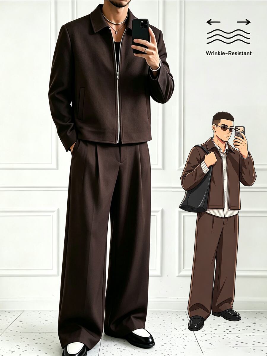 HUEFORM Men's Old Money Brown Lined Loose Fit Outerwear Co-Ords,Wrinkle-Resistant Fabric, Easy To Care For-A Must-Have Item. A Must-Have For Lazy People - Coffee Brown - View 1