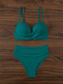 SHEIN Swim 女式時尚款夏天海灘度假風比基尼套裝（帶鋼托） - 霧霾藍 - 查看 6
