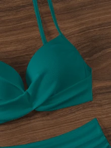 SHEIN Swim 女式時尚款夏天海灘度假風比基尼套裝（帶鋼托） - 霧霾藍 - 查看 3