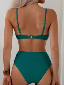 SHEIN Swim 女式時尚款夏天海灘度假風比基尼套裝（帶鋼托） - 霧霾藍 - 查看 2