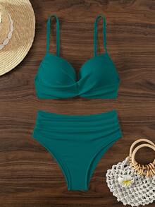 SHEIN Swim 女式時尚款夏天海灘度假風比基尼套裝（帶鋼托） - 霧霾藍 - 查看 4