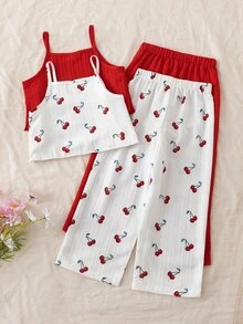 SHEIN Playful Pals 女童夏季泡泡紋理雙層荷葉邊背心 + 寬鬆寬腿長褲，櫻桃數位印花搭配紅色純色 4 件套，柔軟親膚，韓系甜美風，適合 4-7 歲，日常穿著、外出與夏季度假的百搭套裝 - 彩色 - 查看 2