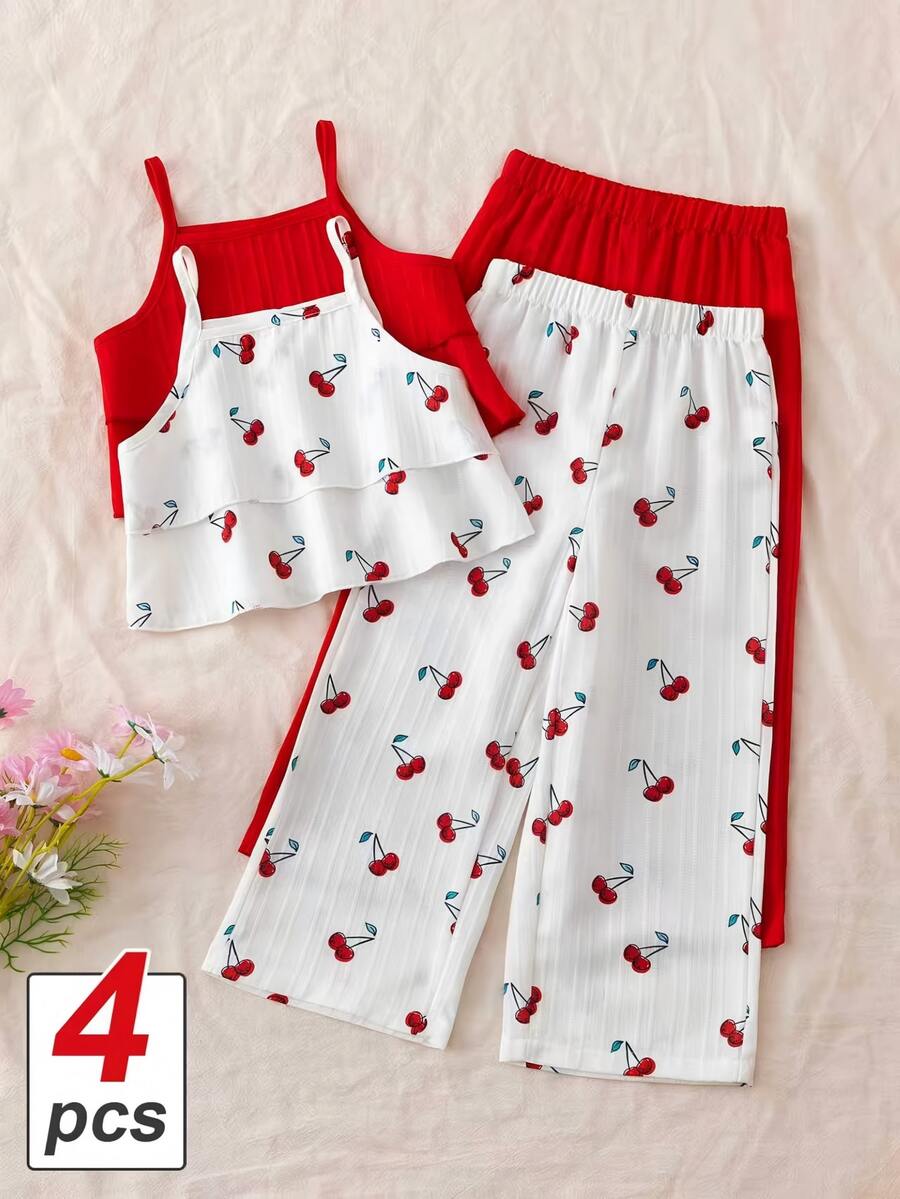 SHEIN Playful Pals 女童夏季泡泡紋理雙層荷葉邊背心 + 寬鬆寬腿長褲,櫻桃數位印花搭配紅色純色 4 件套,柔軟親膚,韓系甜美風,適合 4-7 歲,日常穿著、外出與夏季度假的百搭套裝 - 彩色 - 查看 1