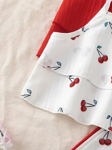 SHEIN Playful Pals 女童夏季泡泡紋理雙層荷葉邊背心 + 寬鬆寬腿長褲，櫻桃數位印花搭配紅色純色 4 件套，柔軟親膚，韓系甜美風，適合 4-7 歲，日常穿著、外出與夏季度假的百搭套裝 - 彩色 - 查看 6