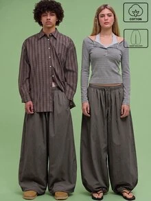 COUREZ 低腰降落傘寬鬆氣球褲 /Y2K 棉質秋季服飾寬鬆長褲 秋季穿搭 女款寬腿褲 - 深灰色 - 查看 2