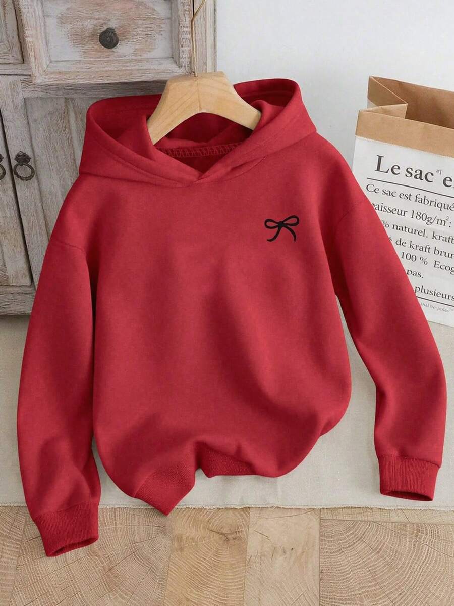 SHEIN Tween Girls Sweet Faux Pearl Bow Print Sweatshirt, Cozy Fall & Winter Styles, Suitable For Autumn/Winter, Back To School Must-Have, Random 1pc Sent - Red - View 1