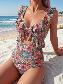 Swim Basics 1 件女式碎花荷叶边热带风情可爱连体泳衣 - 彩色 - 查看 1
