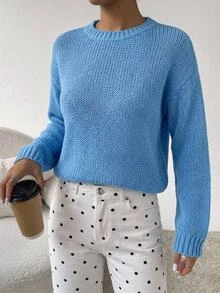 SHEIN Chunky Crew Neck Casual Blue Knit Sweater - Blue - View 3