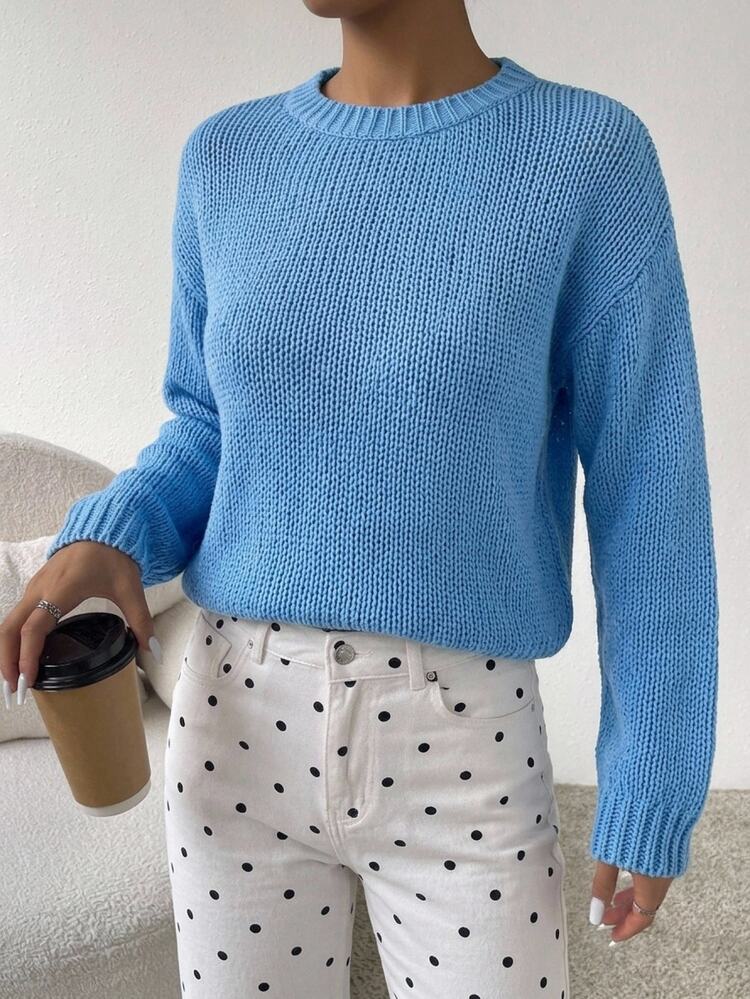 SHEIN Chunky Crew Neck Casual Blue Knit Sweater - Blue - View 3