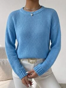 SHEIN Chunky Crew Neck Casual Blue Knit Sweater - Blue - View 5