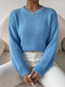 SHEIN Chunky Crew Neck Casual Blue Knit Sweater - Blue - View 4