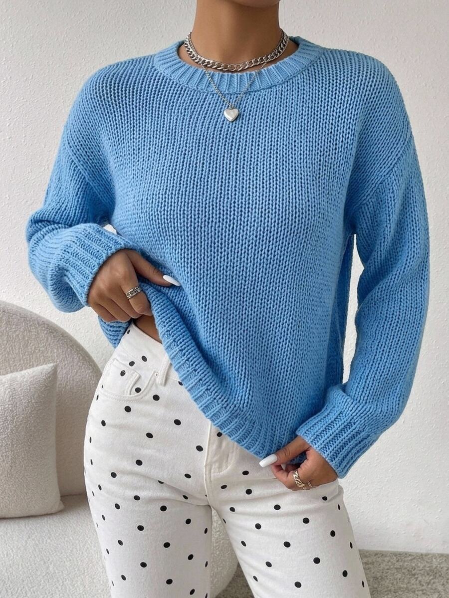SHEIN Chunky Crew Neck Casual Blue Knit Sweater - Blue - View 1