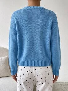 SHEIN Chunky Crew Neck Casual Blue Knit Sweater - Blue - View 2