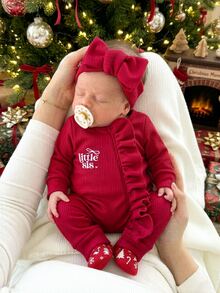 2pcs Newborn Baby Girl Sweater Jumpsuit Headband Sweet Bright Red Ribbed Little Sis Bow Ruffle Long Sleeve Birthday Christmas Party Autumn Fall Winter - Red - View 2