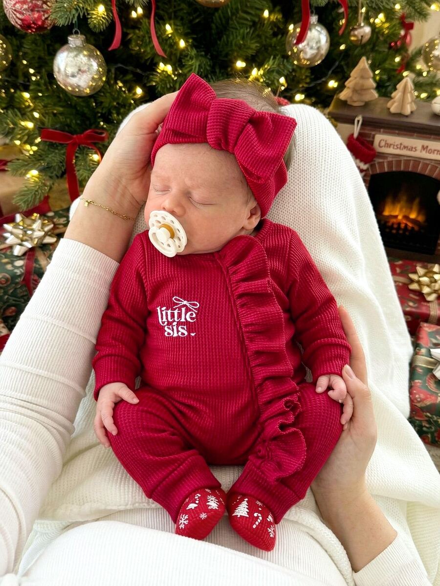 2pcs Newborn Baby Girl Sweater Jumpsuit Headband Sweet Bright Red Ribbed Little Sis Bow Ruffle Long Sleeve Birthday Christmas Party Autumn Fall Winter
