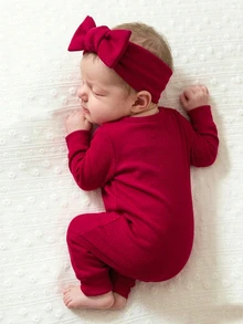 2pcs Newborn Baby Girl Sweater Jumpsuit Headband Sweet Bright Red Ribbed Little Sis Bow Ruffle Long Sleeve Birthday Christmas Party Autumn Fall Winter - Red - View 6