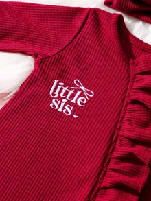 2pcs Newborn Baby Girl Sweater Jumpsuit Headband Sweet Bright Red Ribbed Little Sis Bow Ruffle Long Sleeve Birthday Christmas Party Autumn Fall Winter - Red - View 8